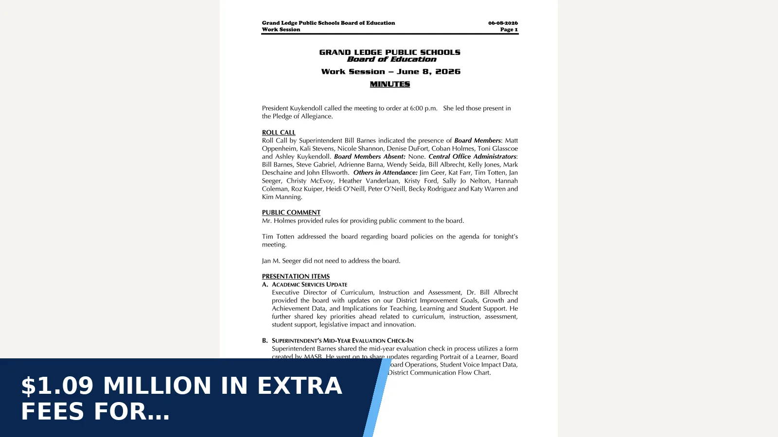 Excerpt from June 8, 2026 Work Session - Minutes for $1.09 million in extra fees for construction firms