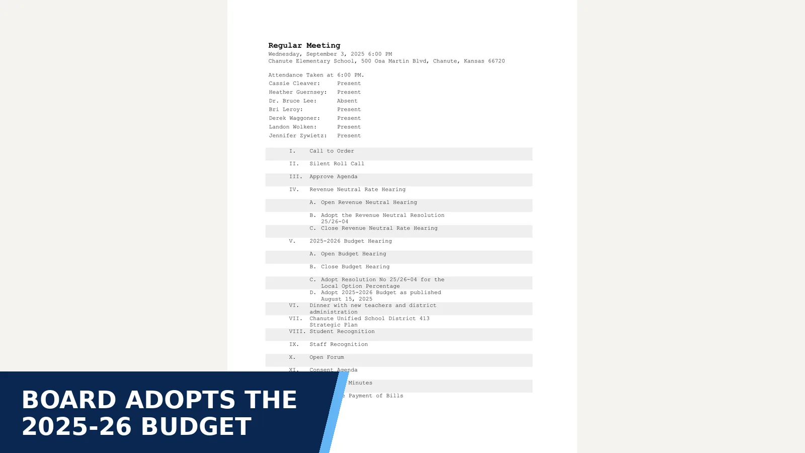 Excerpt from 2025-09-03 — September 3, 2025 at 6:00 PM - Regular Meeting Meeting Type: Regular — Minutes for Board adopts the 2025-26 budget