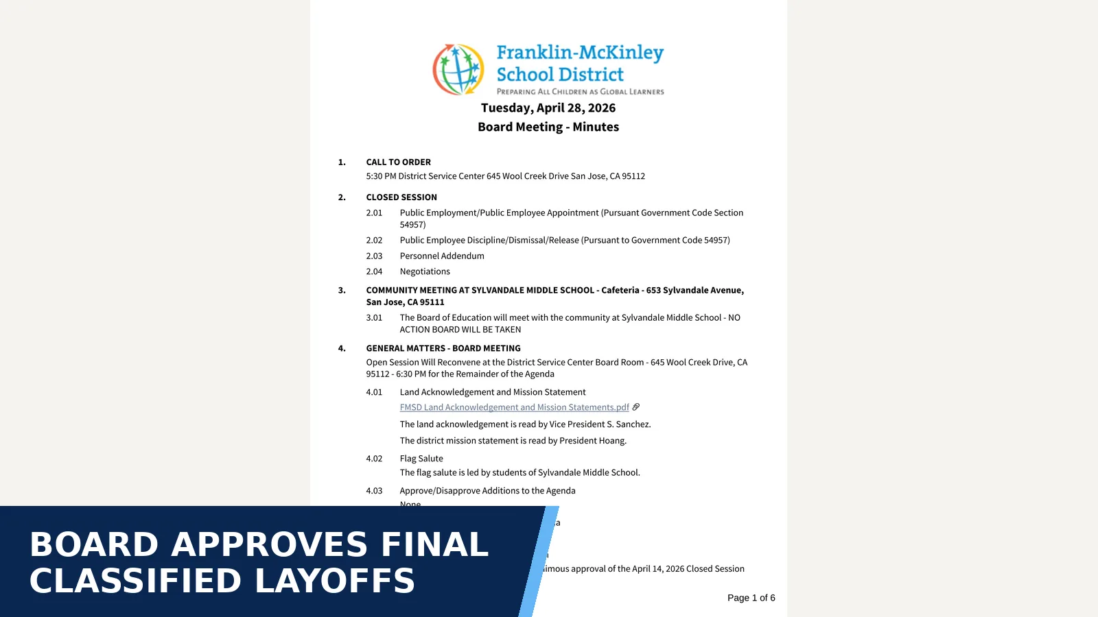 Excerpt from 2026-04-28 Board minutes for Board approves final classified layoffs