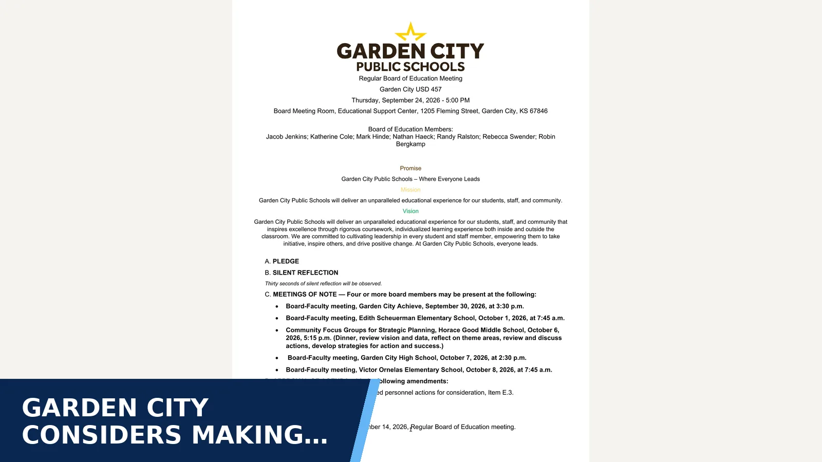 Excerpt from 2026-09-24 — September 24, 2026 at 5:00 PM - Regular Board of Education Meeting Meeting Type: Regular — Agenda for Garden City considers making Sports Med II a…