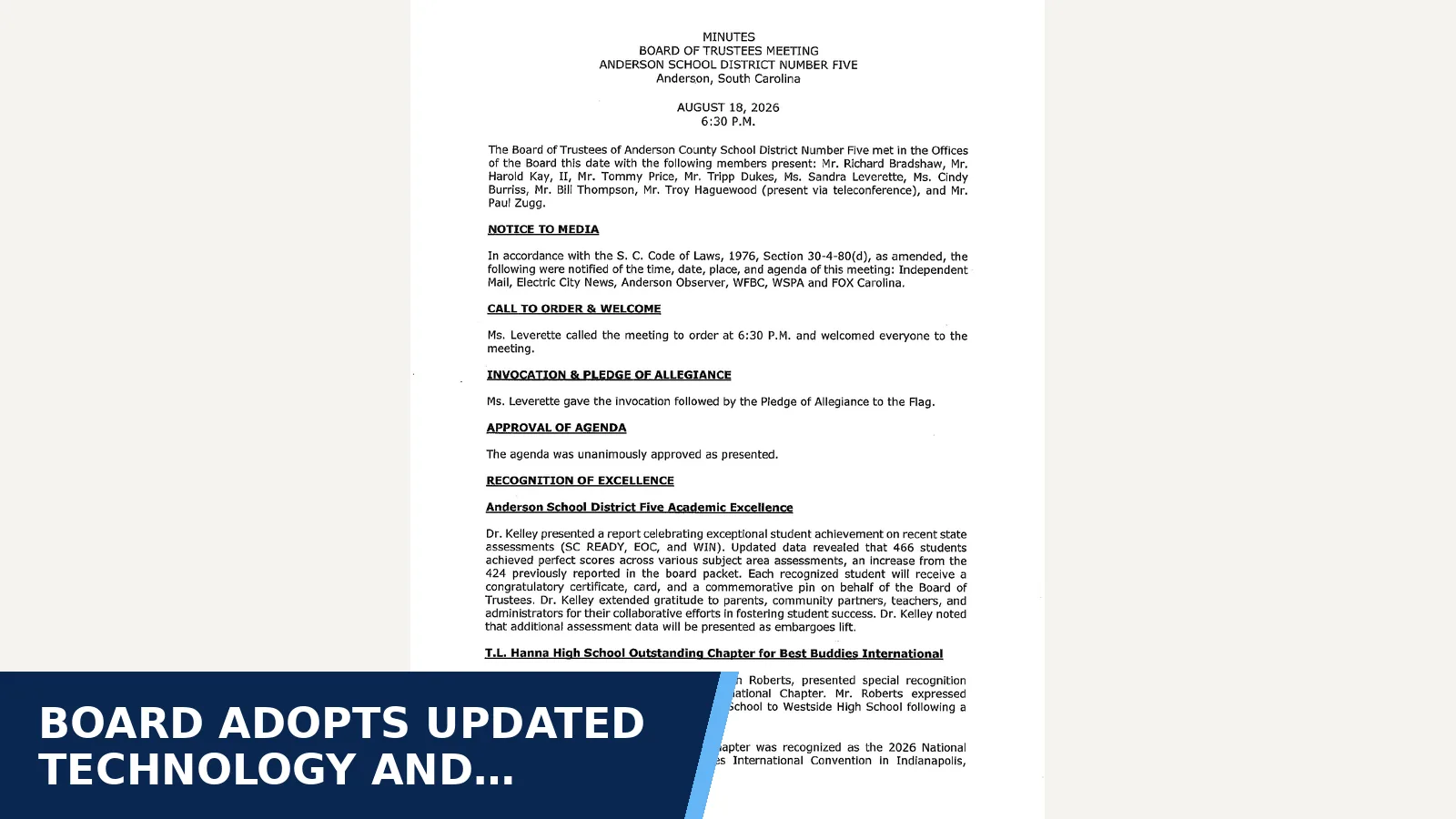Excerpt from 2026 0818 Board Minutes for Board adopts updated technology and device policy