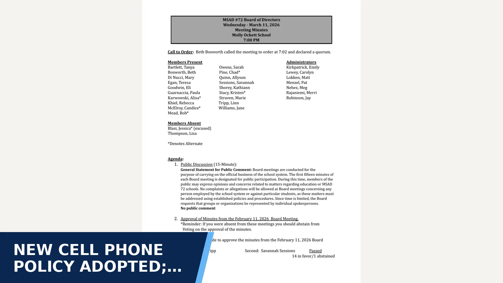 Excerpt from School Board: Meeting Minutes - 3/11/2026 for New cell phone policy adopted; devices barred on…