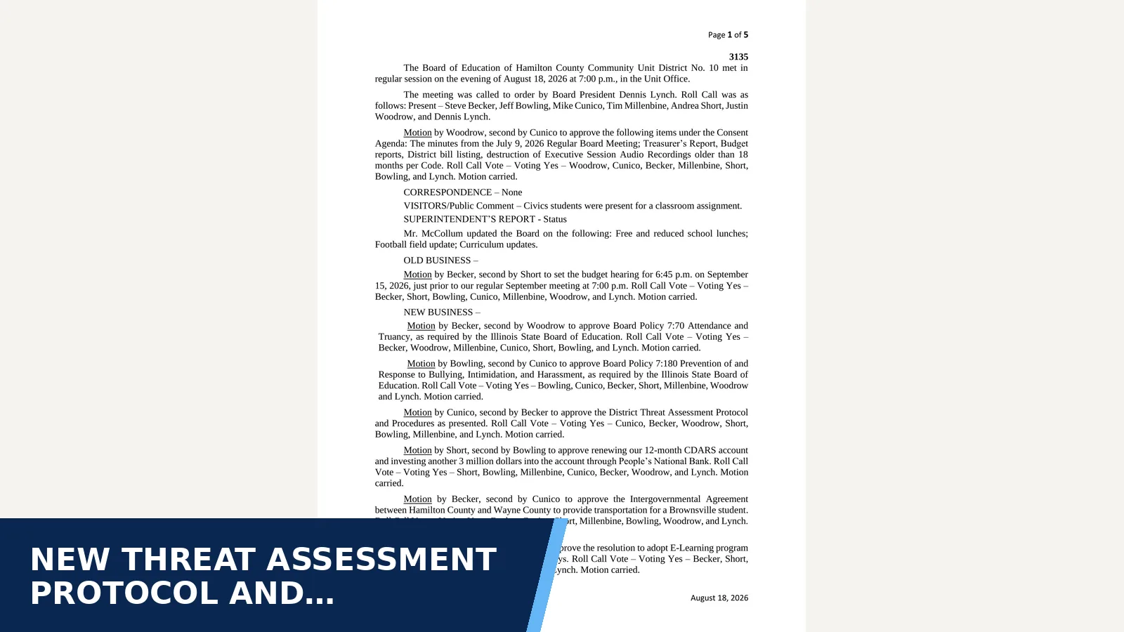 Excerpt from Hamilton County CUSD 10 board - 8.18.26 Minutes for New threat assessment protocol and E-Learning days…