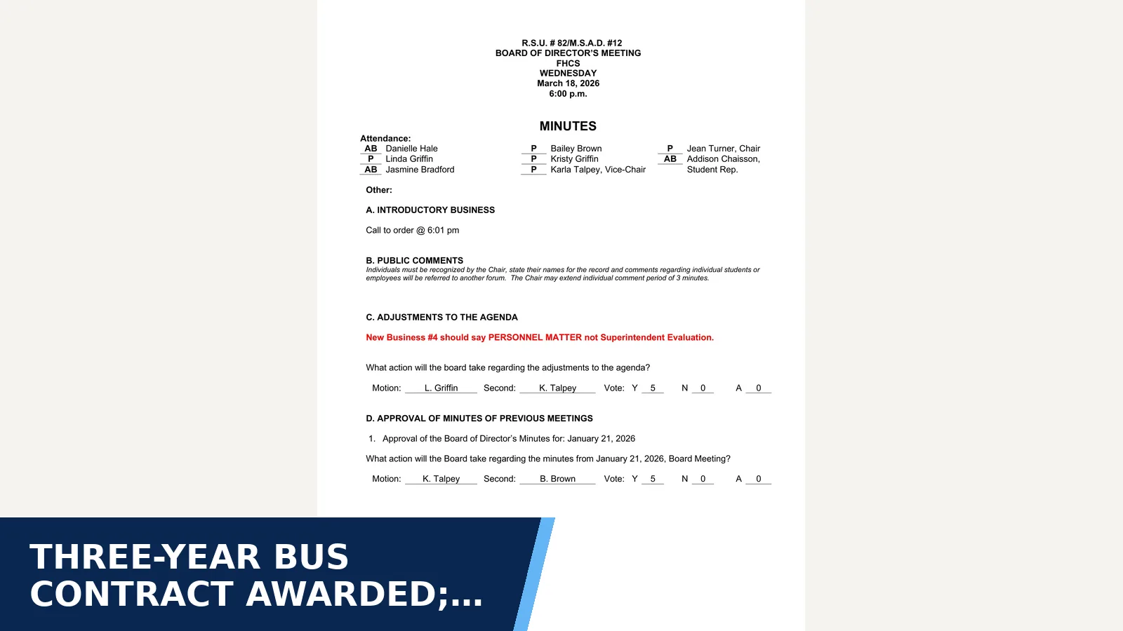Excerpt from MSAD 12 Board of Directors: Board Minutes March 2026.pdf for Three-year bus contract awarded; chair abstained…
