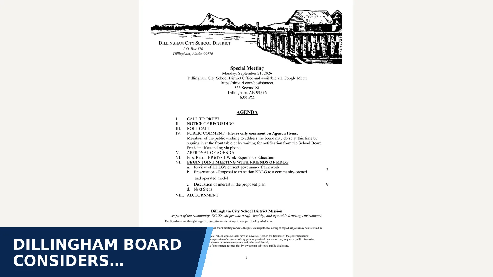 Excerpt from September 21, 2026: Special Meeting — BoardBook for Dillingham board considers work-based learning…