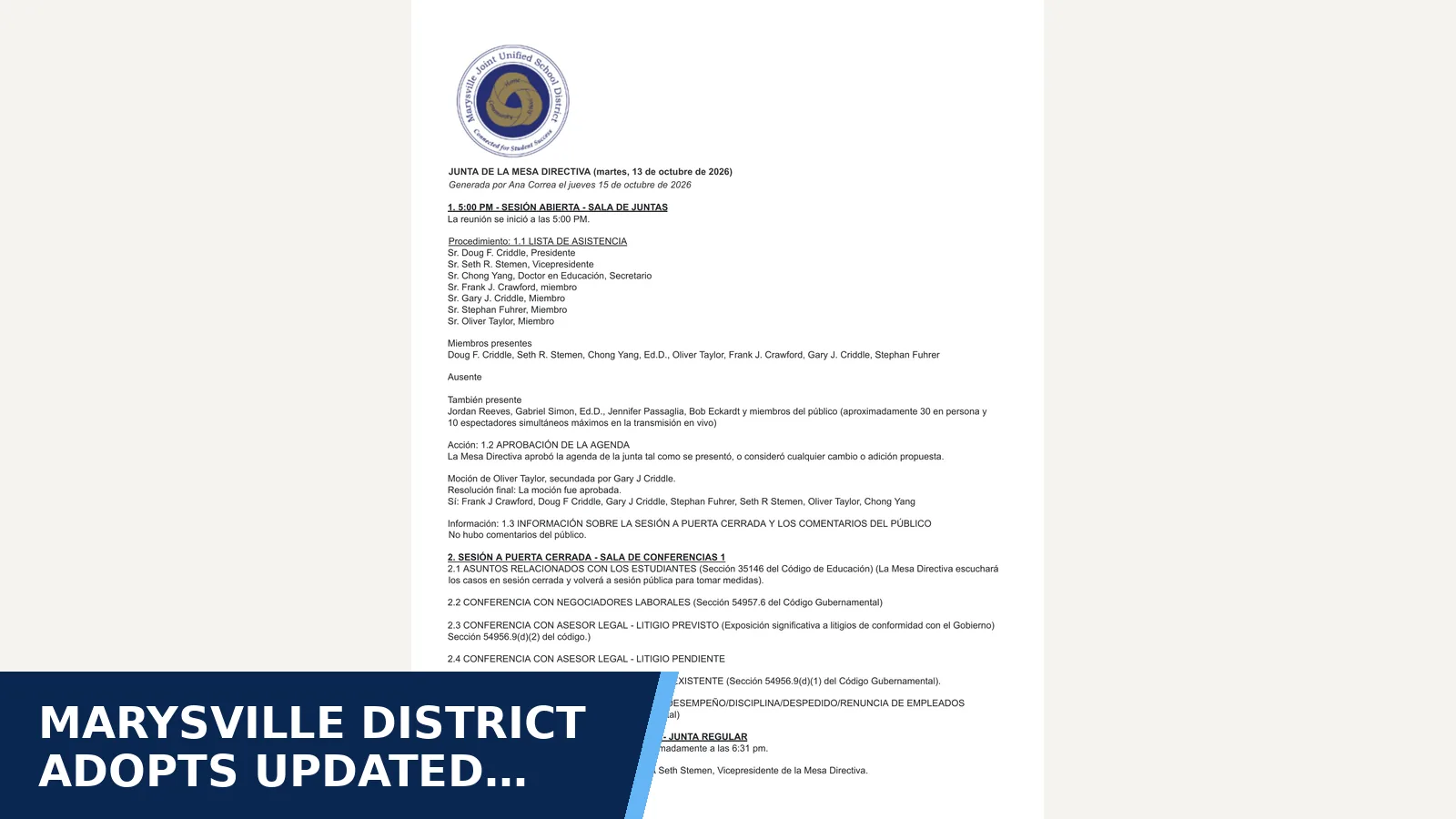 Excerpt from October 13, 2026 - Board Meeting - English | Spanish for Marysville district adopts updated student-data…