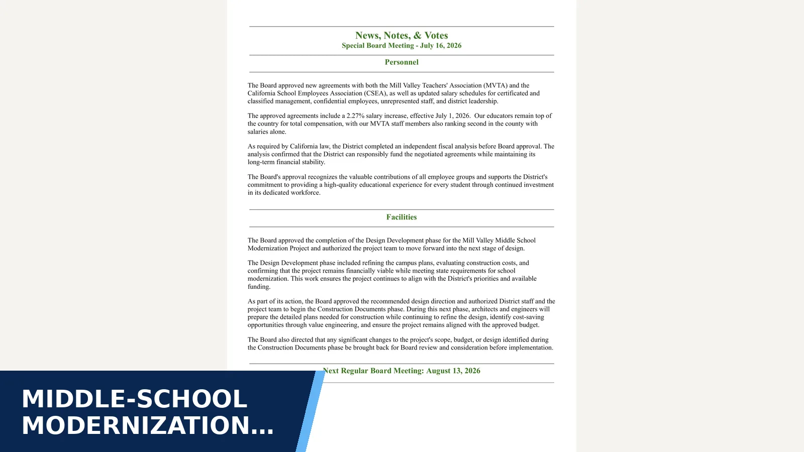 Excerpt from News Notes and Votes July 16, 2026 pdf for Middle-school modernization advances to…