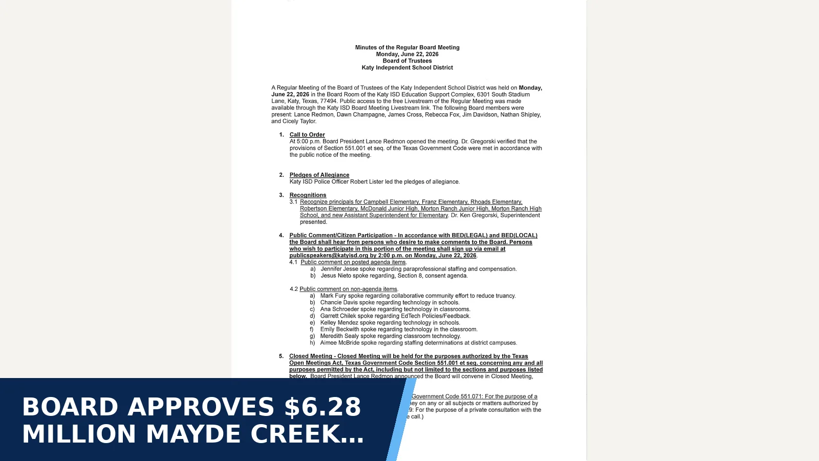 Excerpt from June 22, 2026 Regular Board Meeting for Board approves $6.28 million Mayde Creek…