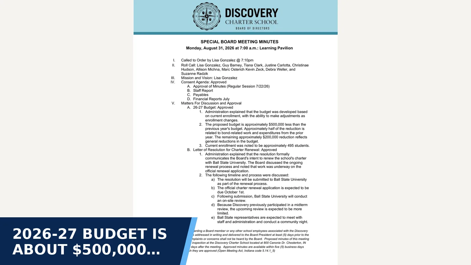 Excerpt from Discovery Charter School Board Special Meeting Minutes - 2026-08-31 for 2026-27 budget is about $500,000 smaller, with no…