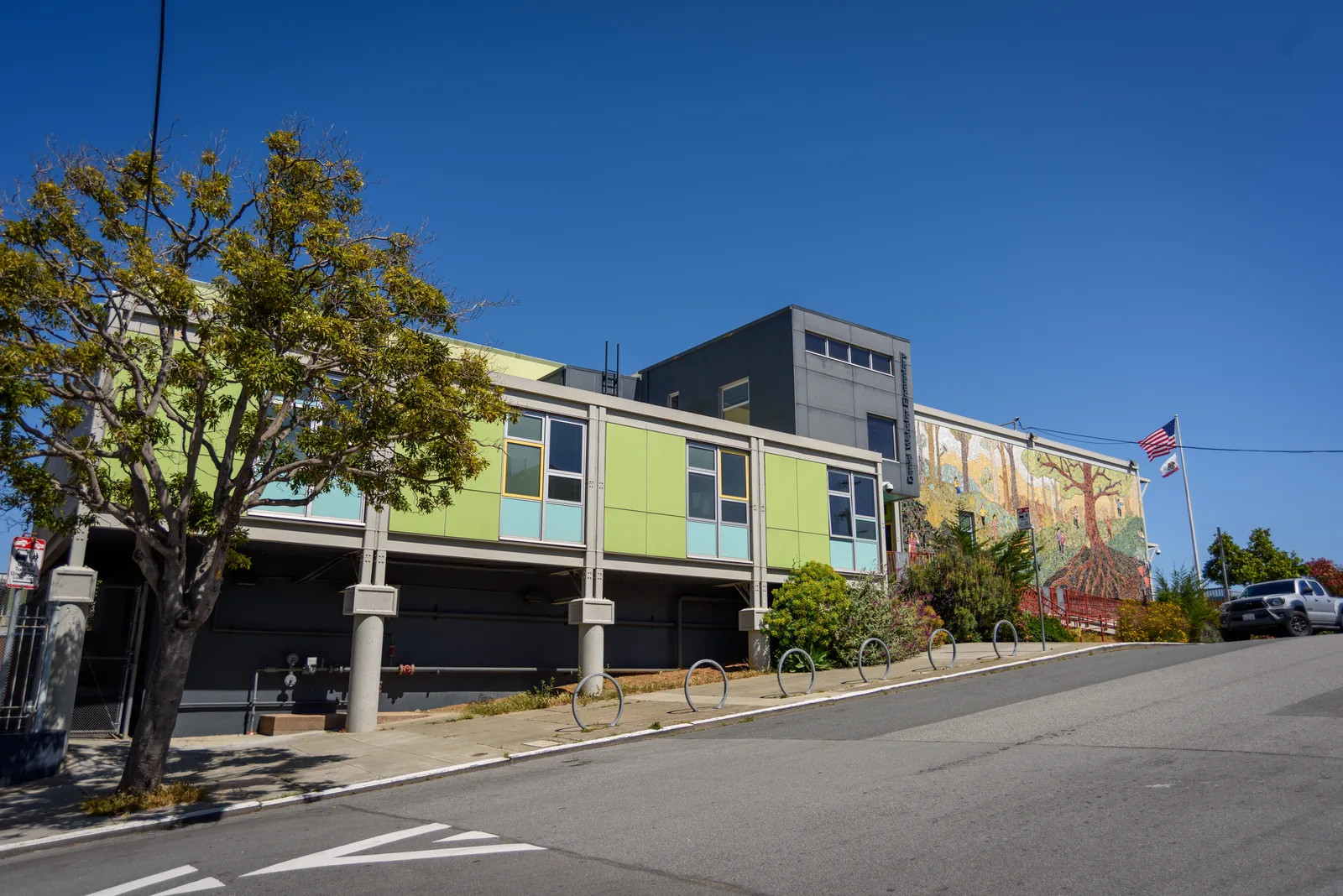 The Missouri St. facade of Daniel Webster Elementary, a primary school on Potrero Hill in San Francisco, California