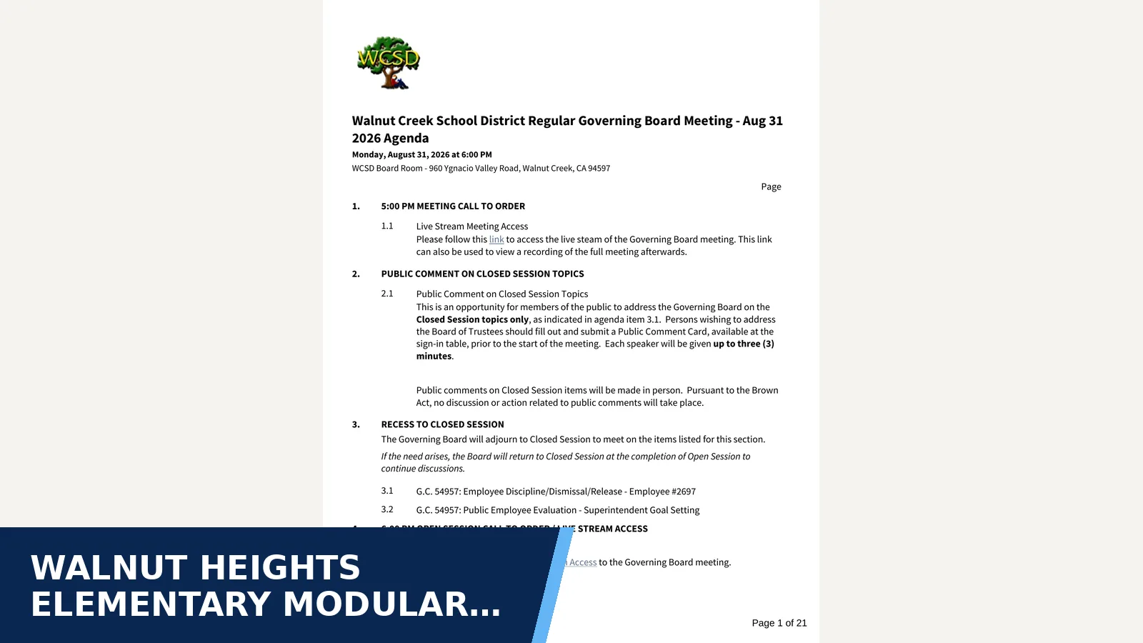 Excerpt from Walnut Creek School District Regular Governing Board Meeting - Aug 31 2026 for Walnut Heights Elementary modular building project…