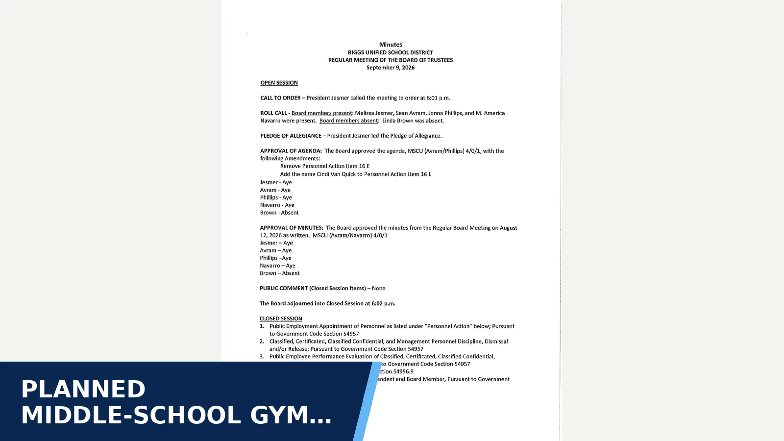 Excerpt from Regular Meeting, September 9, 2026 for Planned middle-school gym and classrooms still…