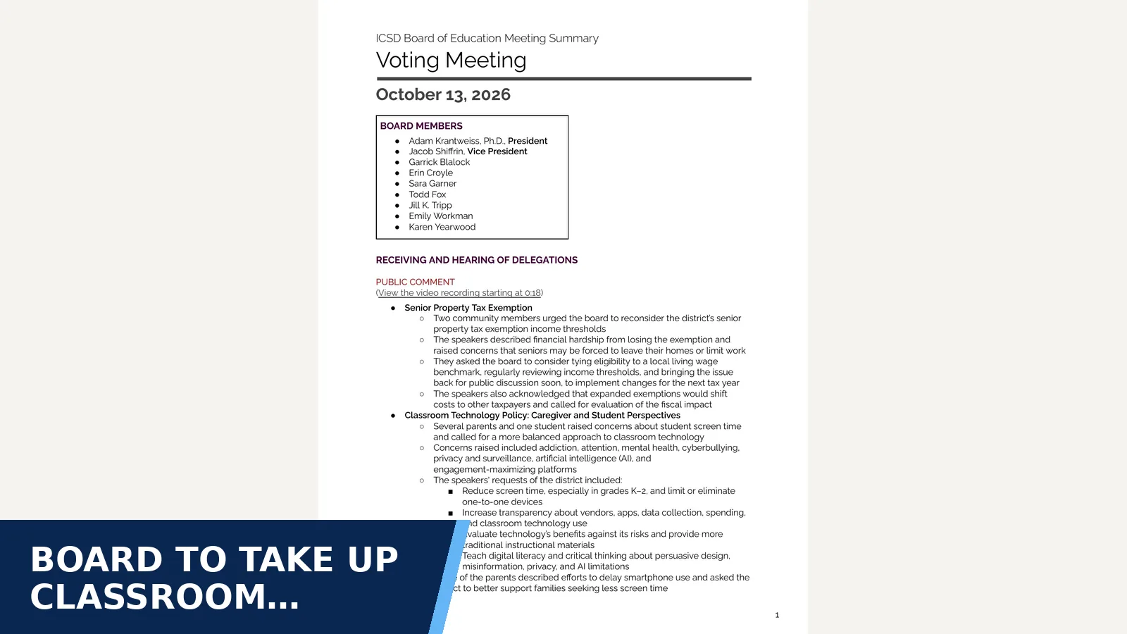 Excerpt from Voting Meeting 2026-10-13 - Board of Education meeting summary for Board to take up classroom technology rules;…