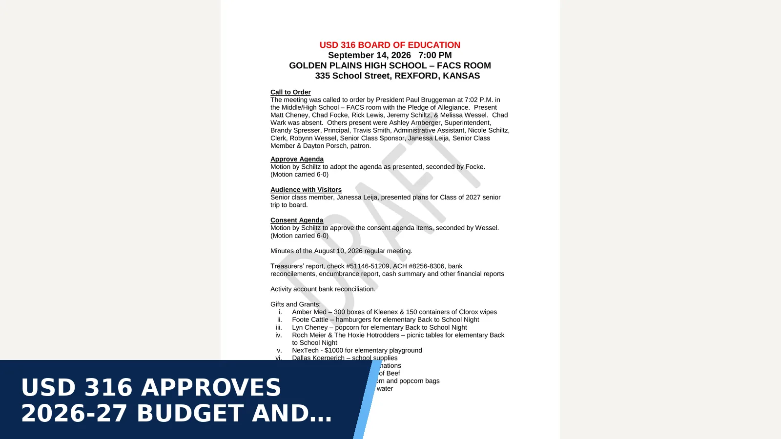Excerpt from Board Meeting Minutes for USD 316 approves 2026-27 budget and authorizes…