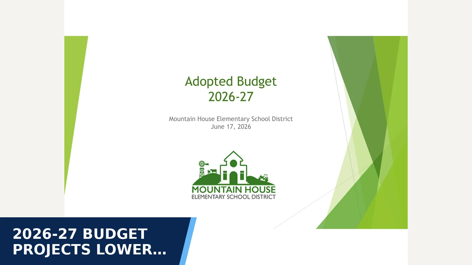 Excerpt from Mountain House Elementary Board Presentation - Adopted Budget 2026-27.pdf for 2026-27 budget projects lower revenue and a return…