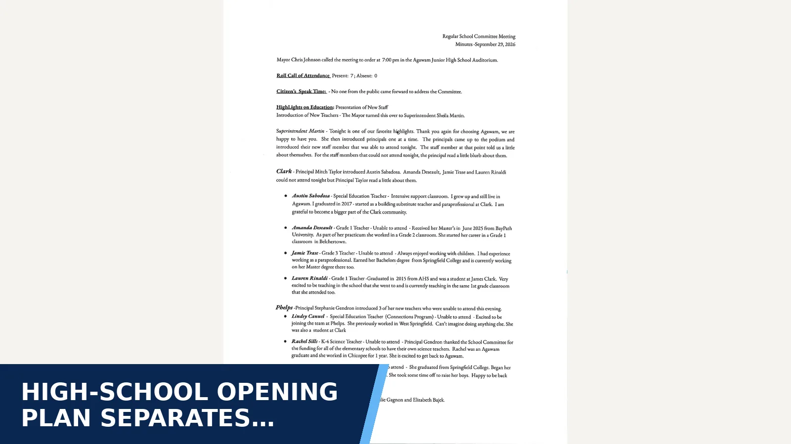 Excerpt from Agawam School Committee Meeting Minutes - September 29, 2026 for High-school opening plan separates community wing…