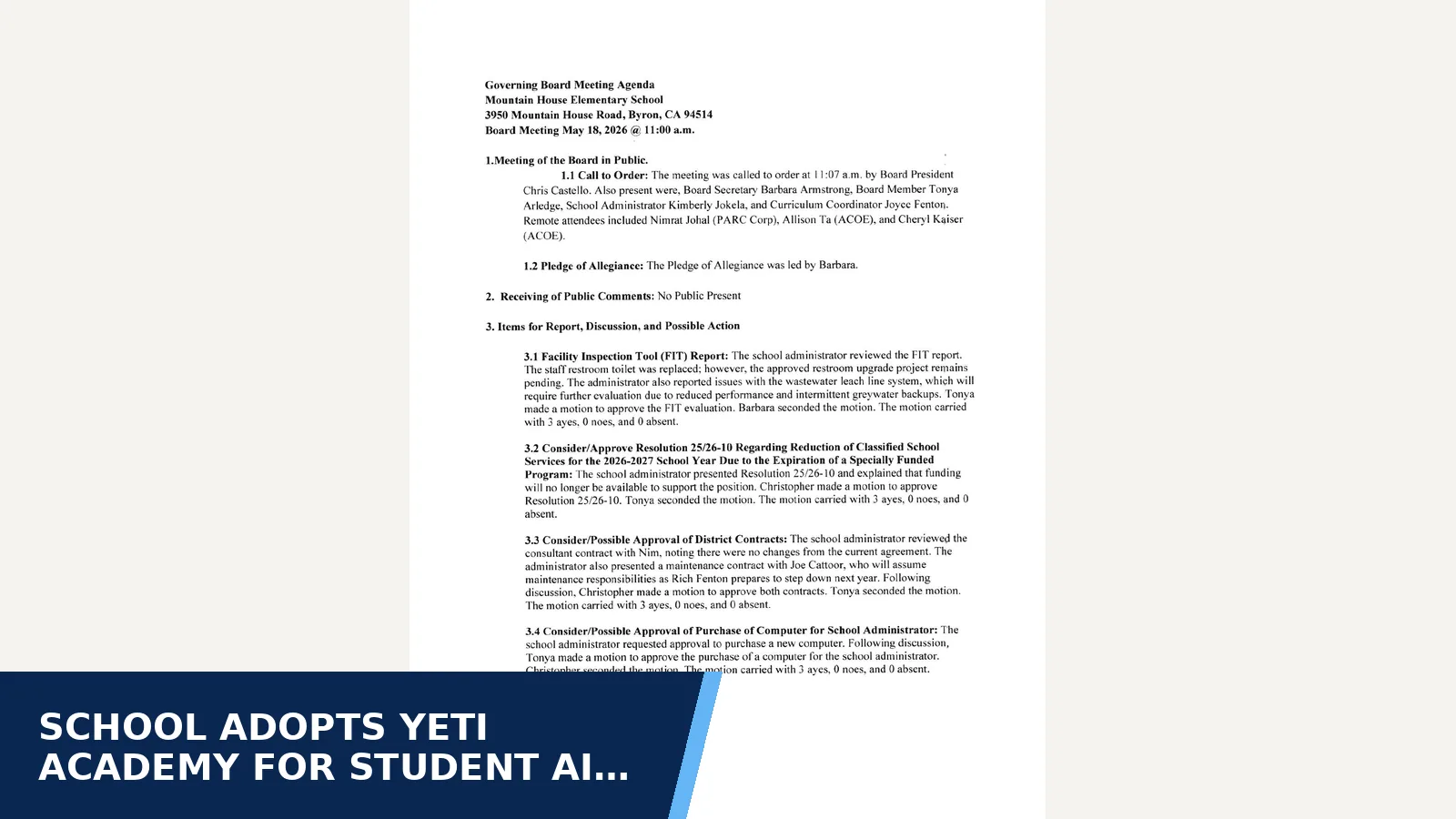 Excerpt from Meeting Minutes May 18,2026 Signed.pdf for School adopts Yeti Academy for student AI and…