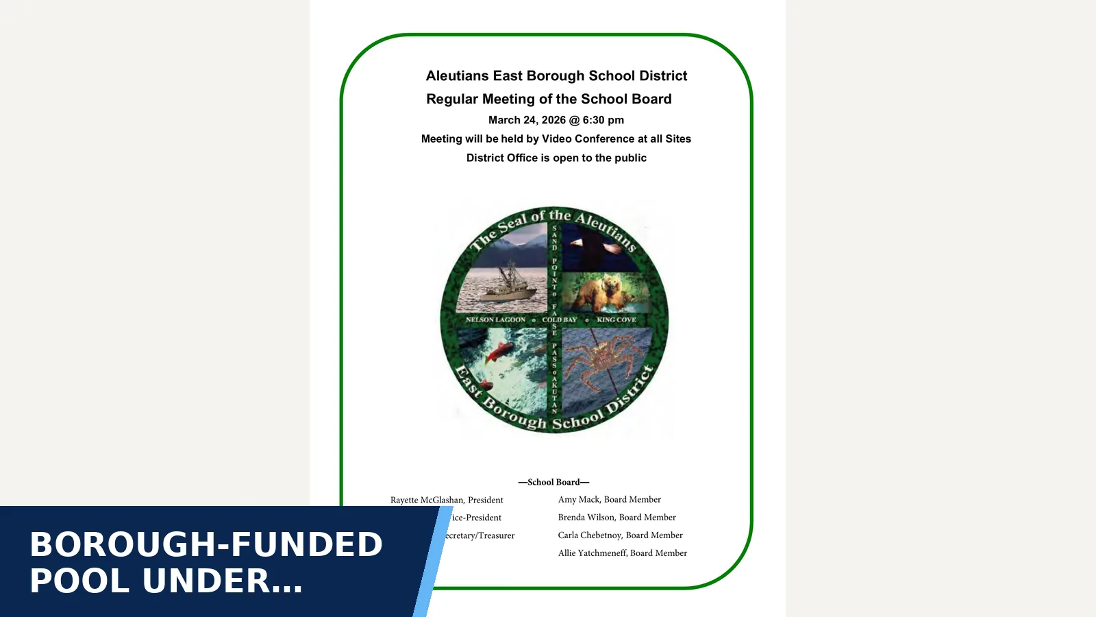 Excerpt from March 24, 2026 AEBSD Regular Meeting Packet for Borough-funded pool under construction, expected…