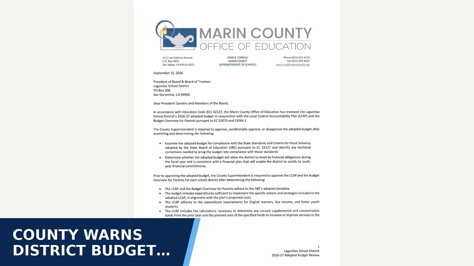 Excerpt from MCOE Budget Adoption Review Letter dated 9.15.2026 and District's Response.pdf for County warns district budget would sharply deplete…