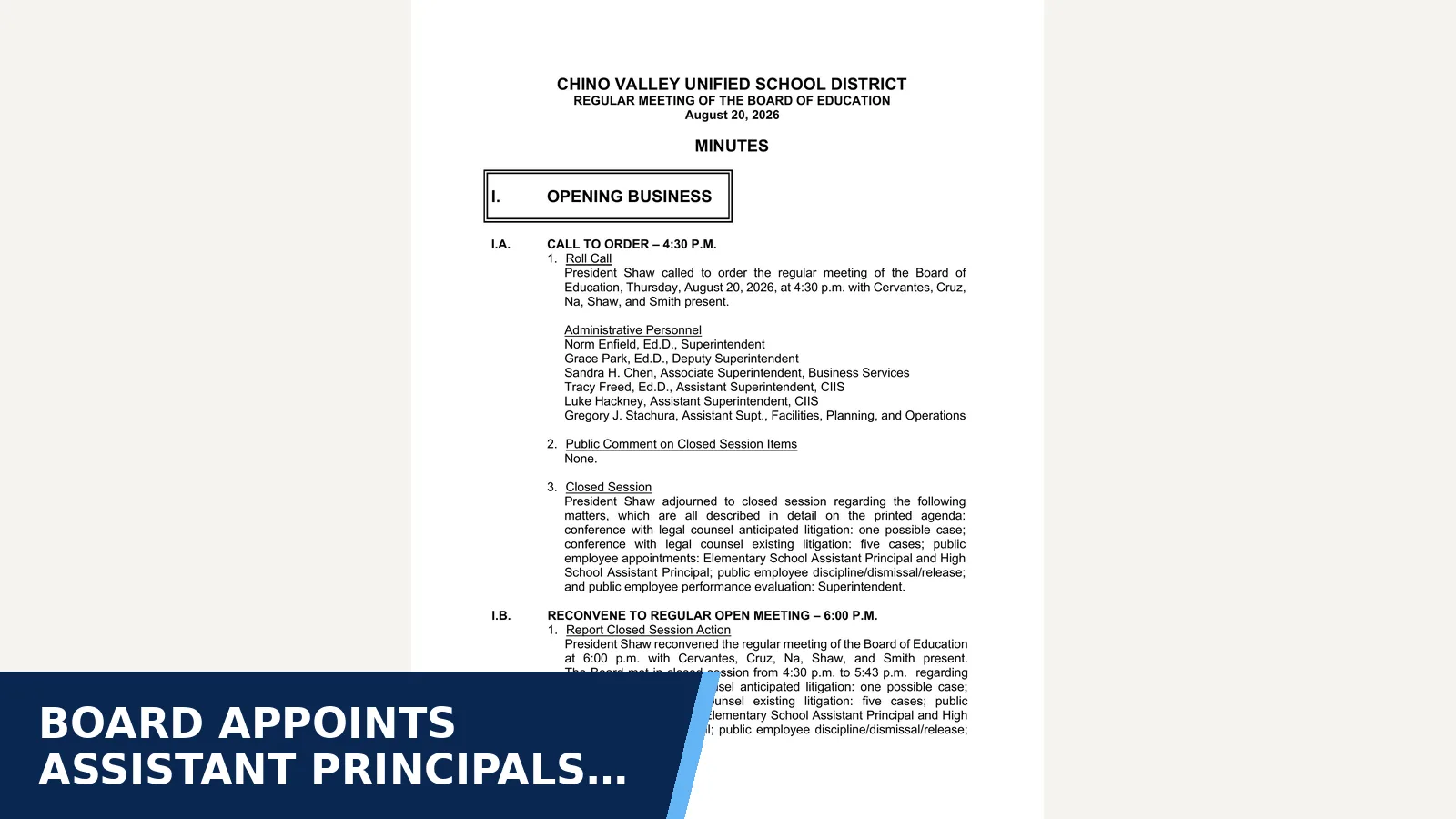 Excerpt from Minutes for Board appoints assistant principals at Chaparral…
