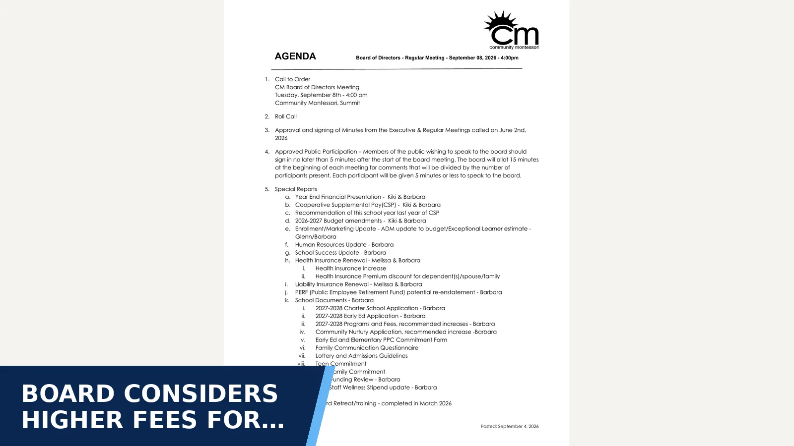 Excerpt from Board of Directors Current Agenda and/or Board of Directors Notices - 2026-09-08 for Board considers higher fees for 2027-28 programs