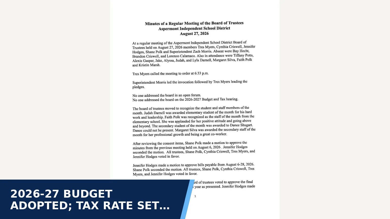 Excerpt from Aspermont ISD Board of Trustees: August 27 2026 Board Meeting Minutes for 2026-27 budget adopted; tax rate set at $1.1454