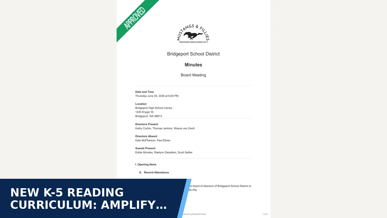 Excerpt from Bridgeport School District Board Meeting - minutes (2026-06-25) for New K-5 reading curriculum: Amplify CKLA
