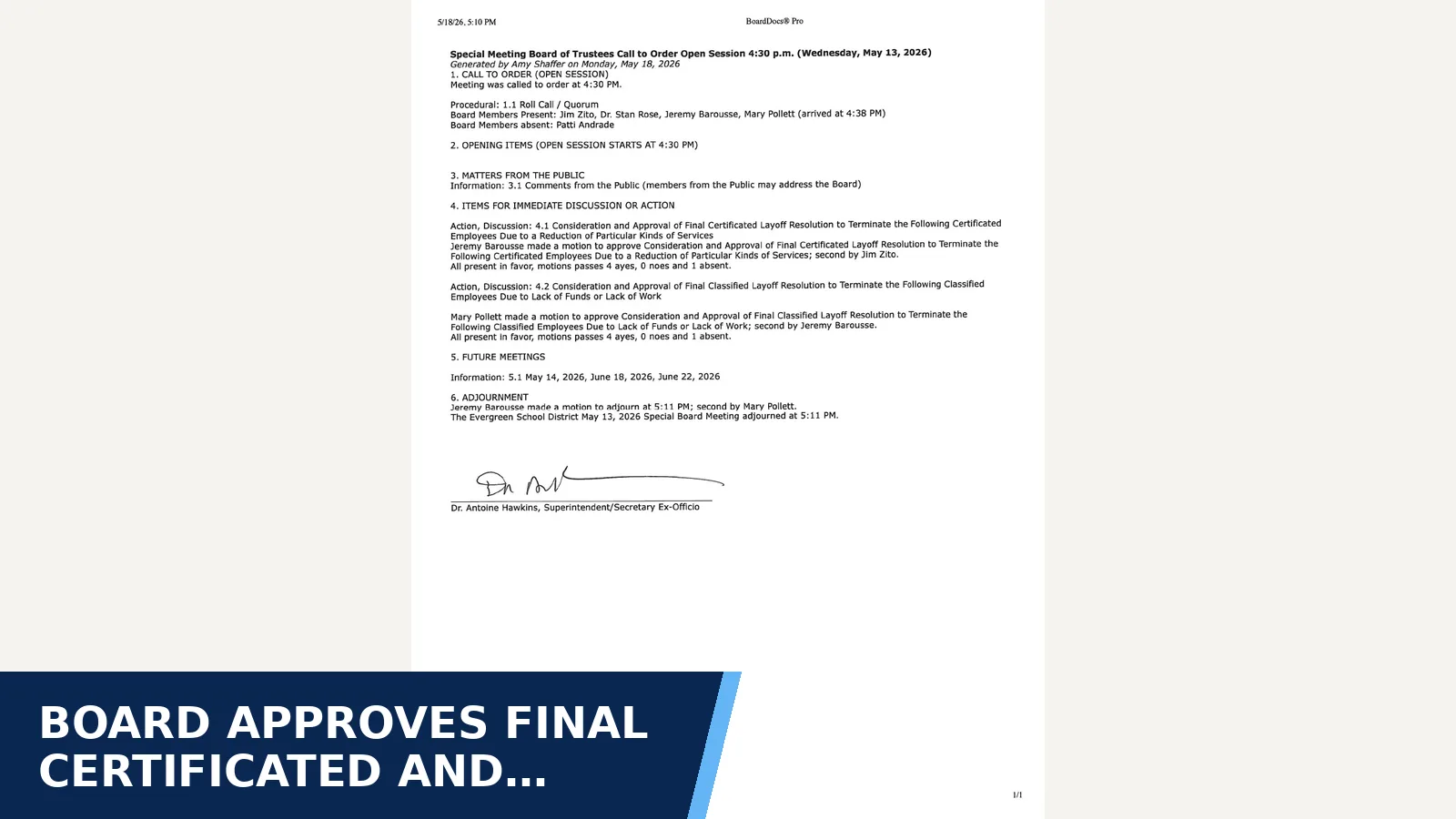 Excerpt from May 13, 2026 - Special Board Meeting - Minutes for Board approves final certificated and classified…