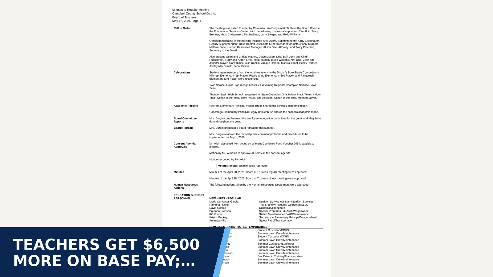 Excerpt from Board of Trustees meeting minutes - May 12, 2026 for Teachers get $6,500 more on base pay; support…