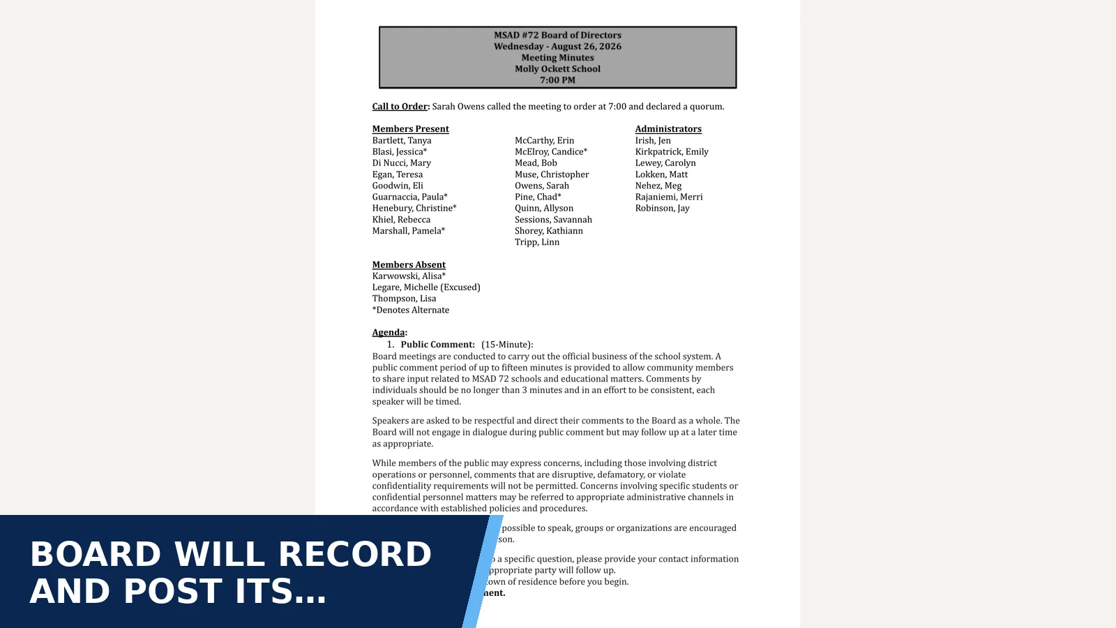 Excerpt from School Board: Meeting Minutes - 8/26/2026 for Board will record and post its meetings
