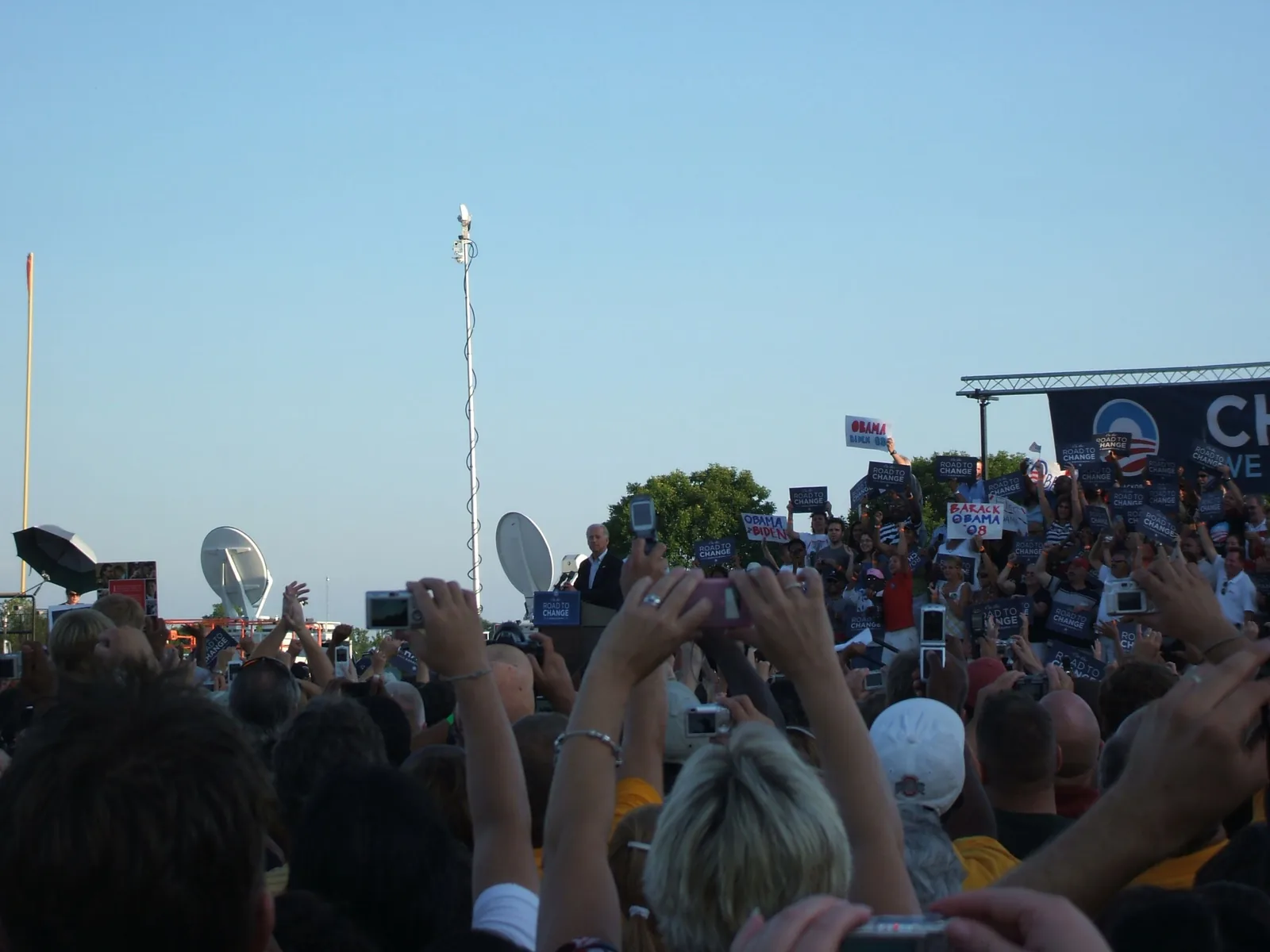 Three days after being nominated at the Democratic National Convention, United States Senators Barack Obama and Joe Biden stopped in Central Ohio for a rally at Dublin Coffman High School stadium. The attending crowd was estimated at up to 19,000.