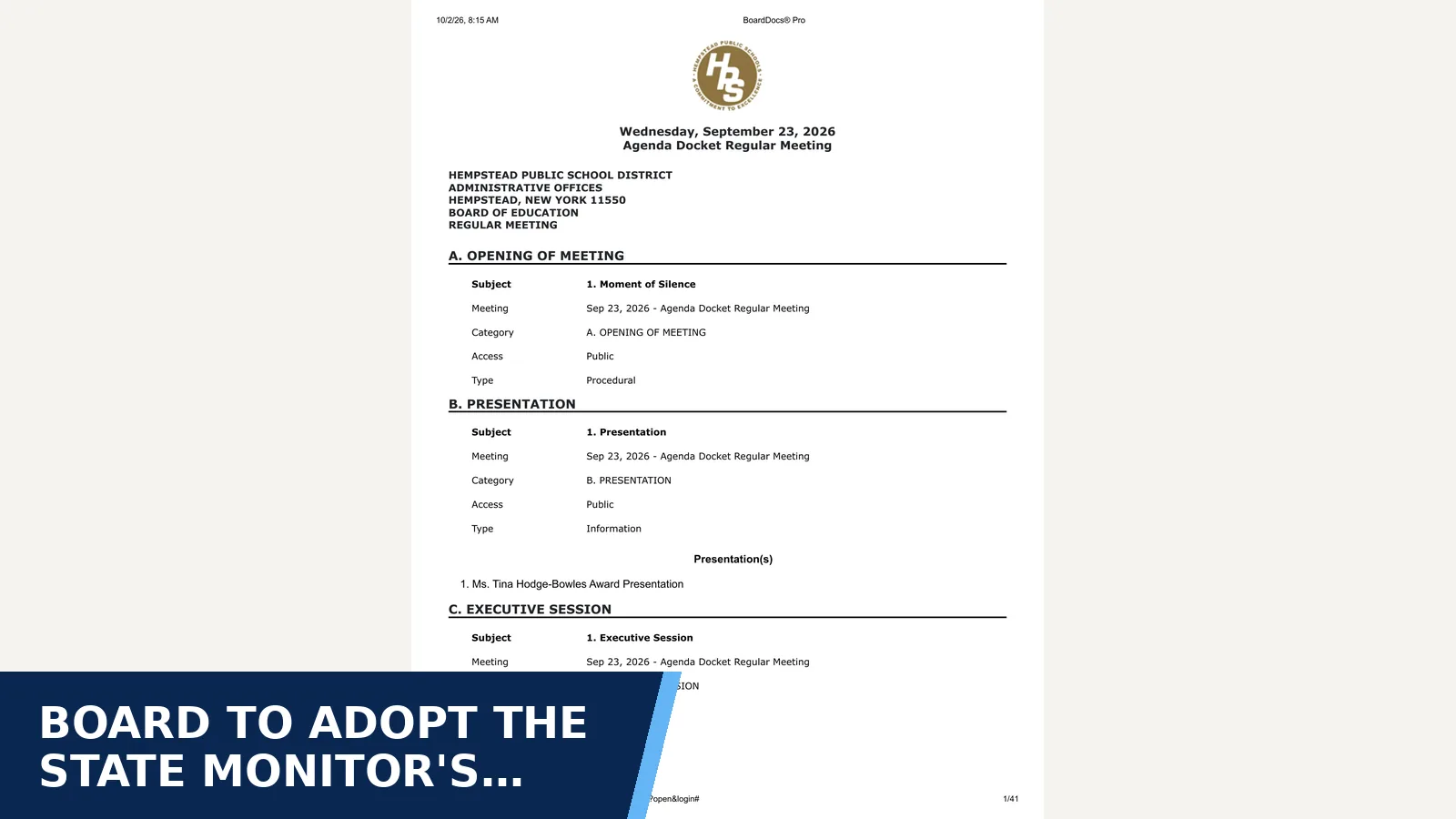 Excerpt from Board of Education 09-23-2026 Regular Meeting Agenda Docket for Board to adopt the state monitor's three-year plans