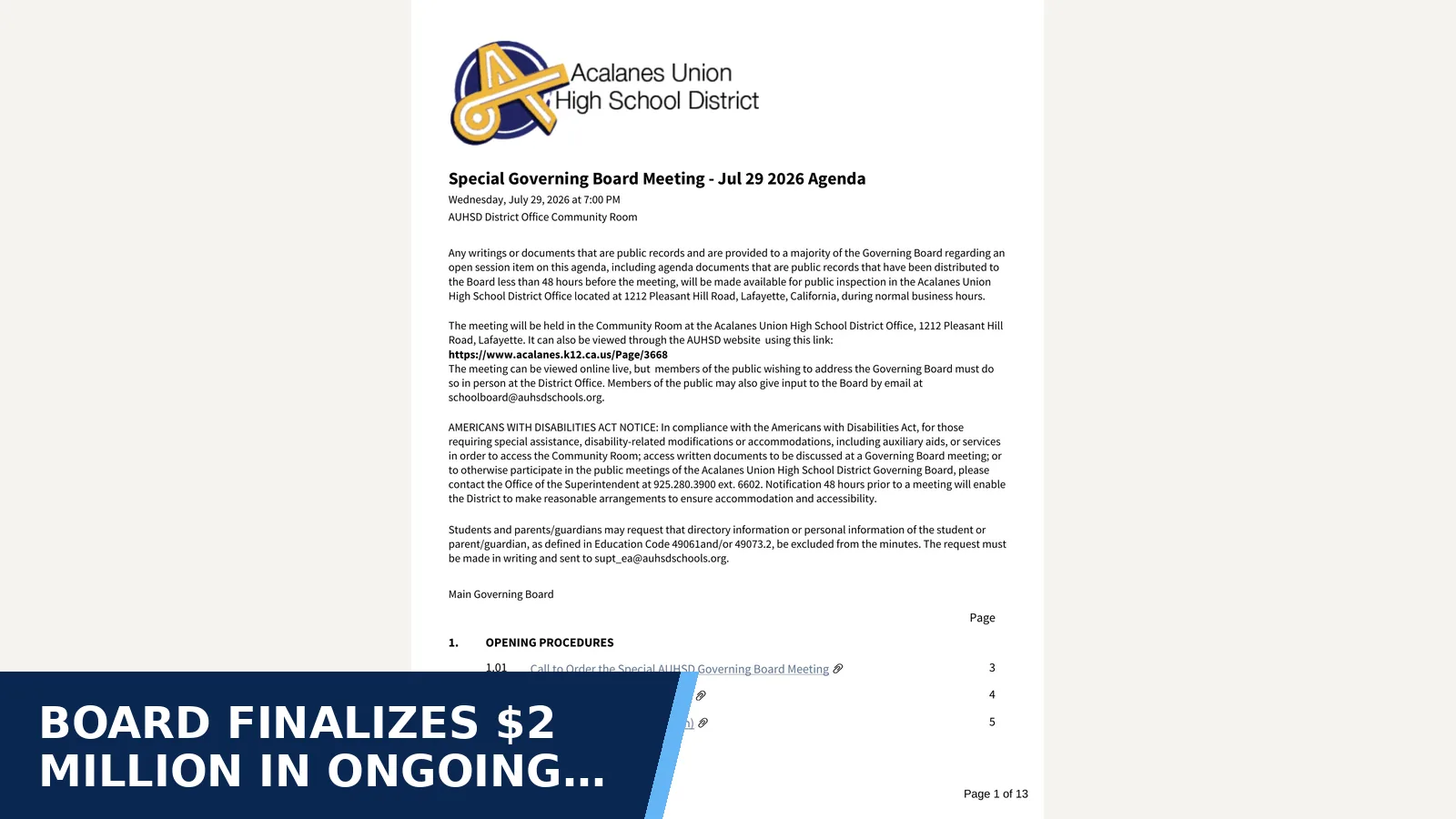 Excerpt from Special Governing Board Meeting - Jul 29 2026 for Board finalizes $2 million in ongoing cuts