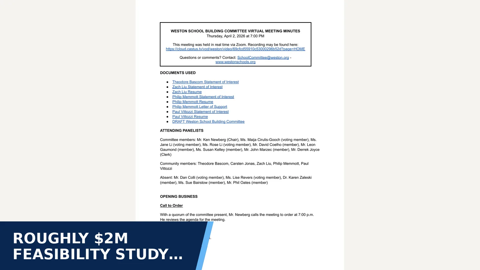 Excerpt from Weston School Committee Minutes — 2026-04-02 for Roughly $2M feasibility study heads to a Special…