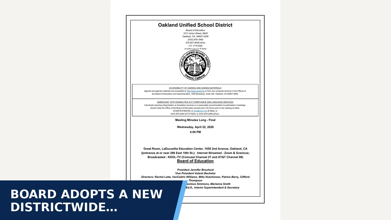 Excerpt from Board of Education - 4/22/2026 - 4:00 PM — Minutes for Board adopts a new districtwide Facilities Master Plan