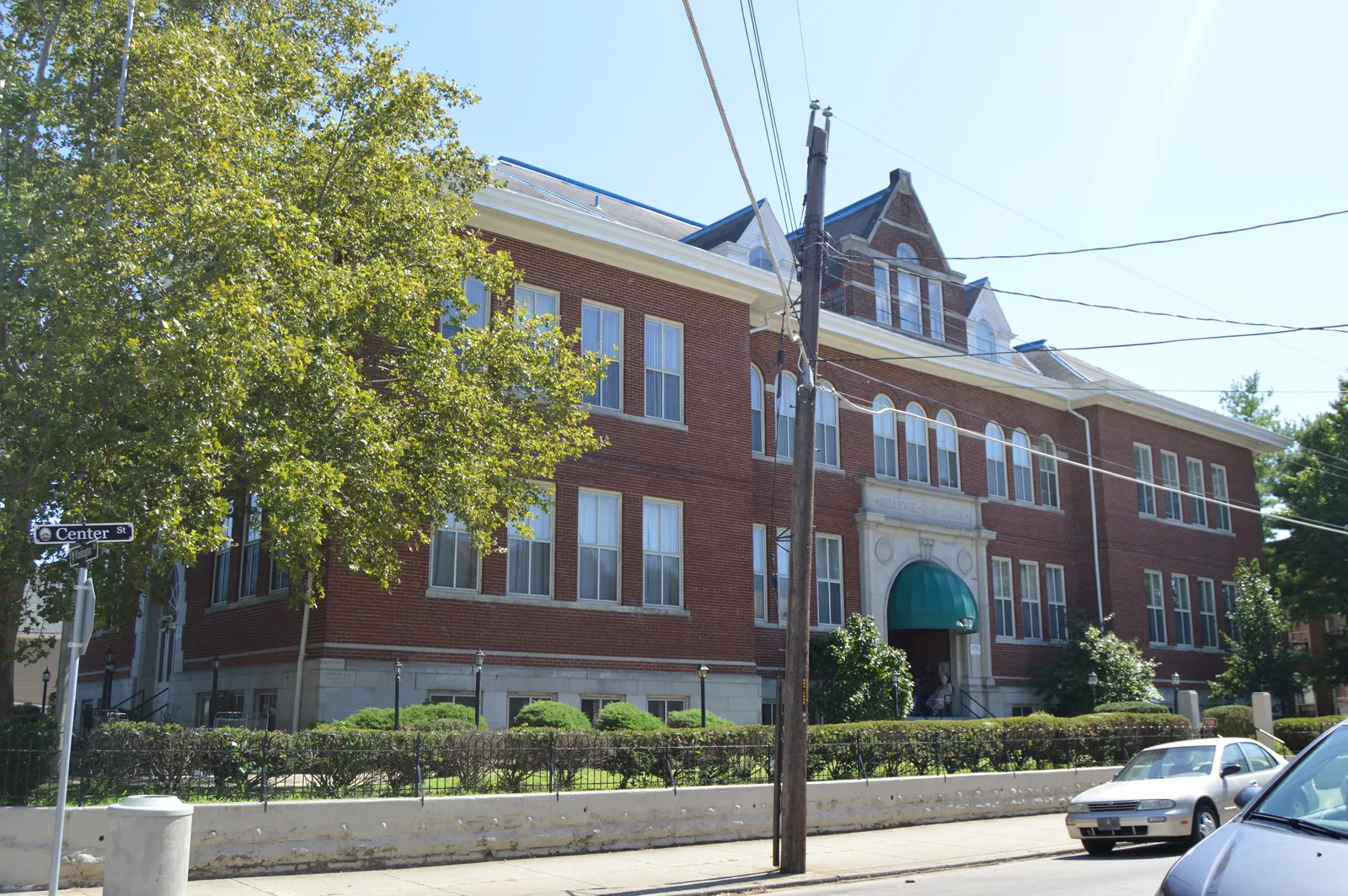Front of the former Bellevue High School, located at the junction of Washington and Center Streets in Bellevue, Kentucky, United States. Built in 1905, it is listed on the National Register of Historic Places, and it is part of a Register-listed historic district, the Taylor's Daughters Historic District.