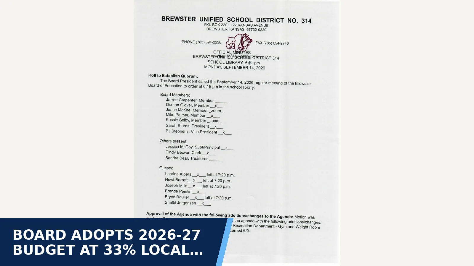 Excerpt from USD 314 Board of Education - September Regular Meeting Minutes (9-14-26_regular_meeting_minutes.pdf) for Board adopts 2026-27 budget at 33% local option