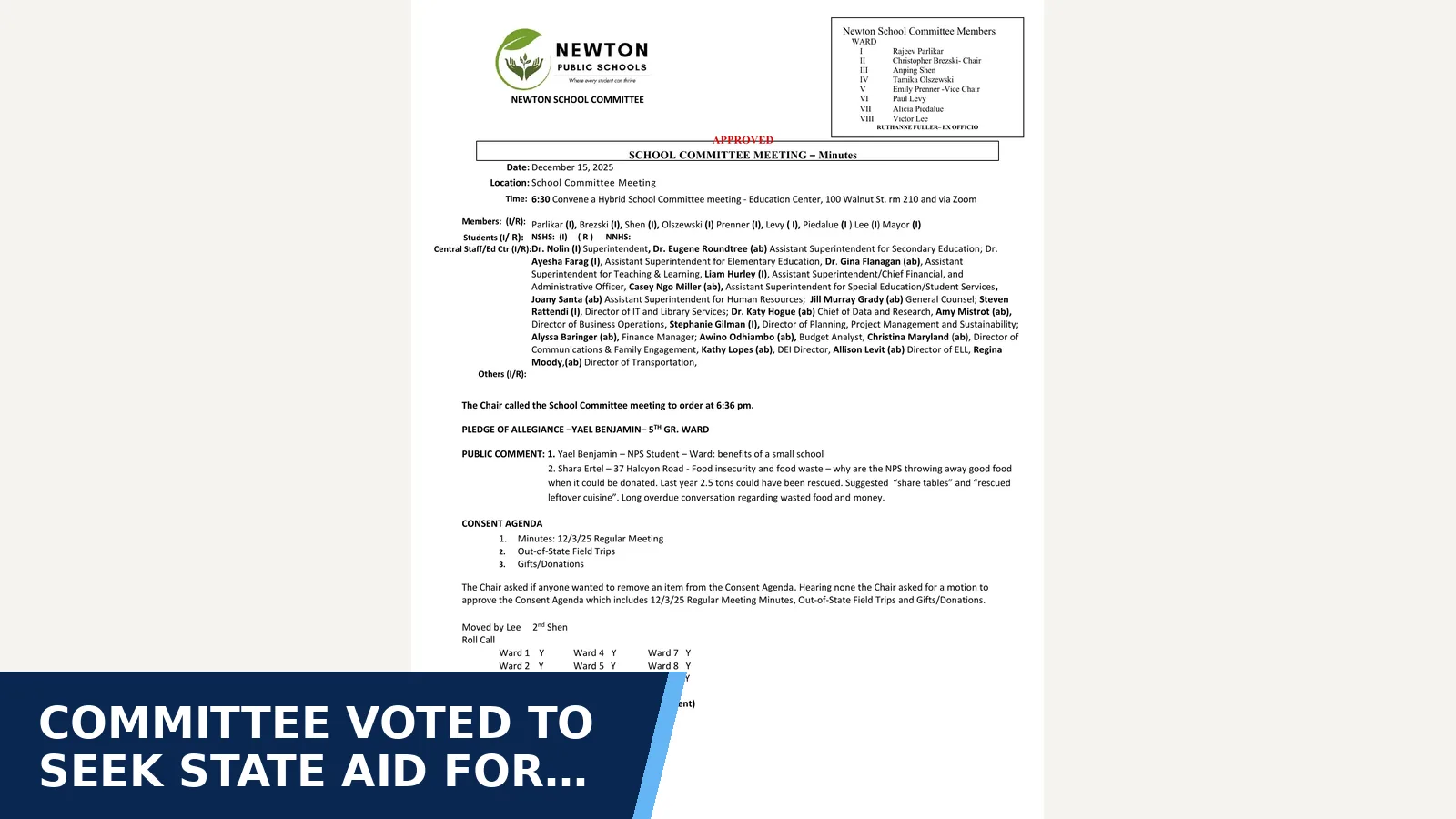 Excerpt from Newton School Committee Meeting, December 15, 2025 — 12-15-25  School Committee Meeting- Minutes - APPROVED.pdf for Committee voted to seek state aid for Ward and…