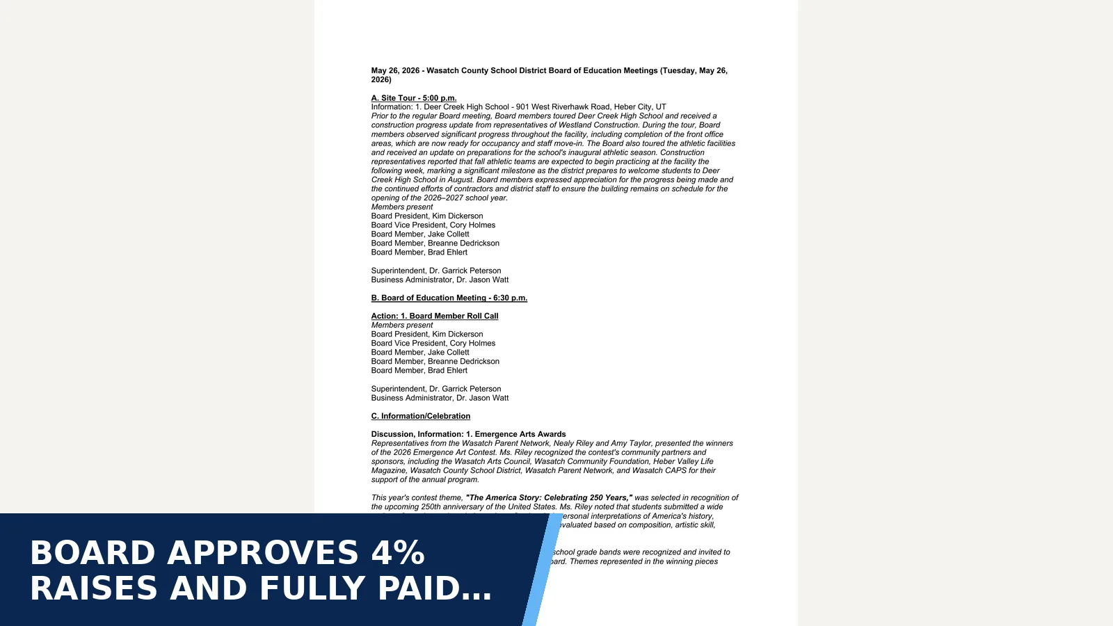 Excerpt from Wasatch County School District Board of Education Regularly Scheduled Meetings - 5.26.26_MINUTES.pdf for Board approves 4% raises and fully paid health…