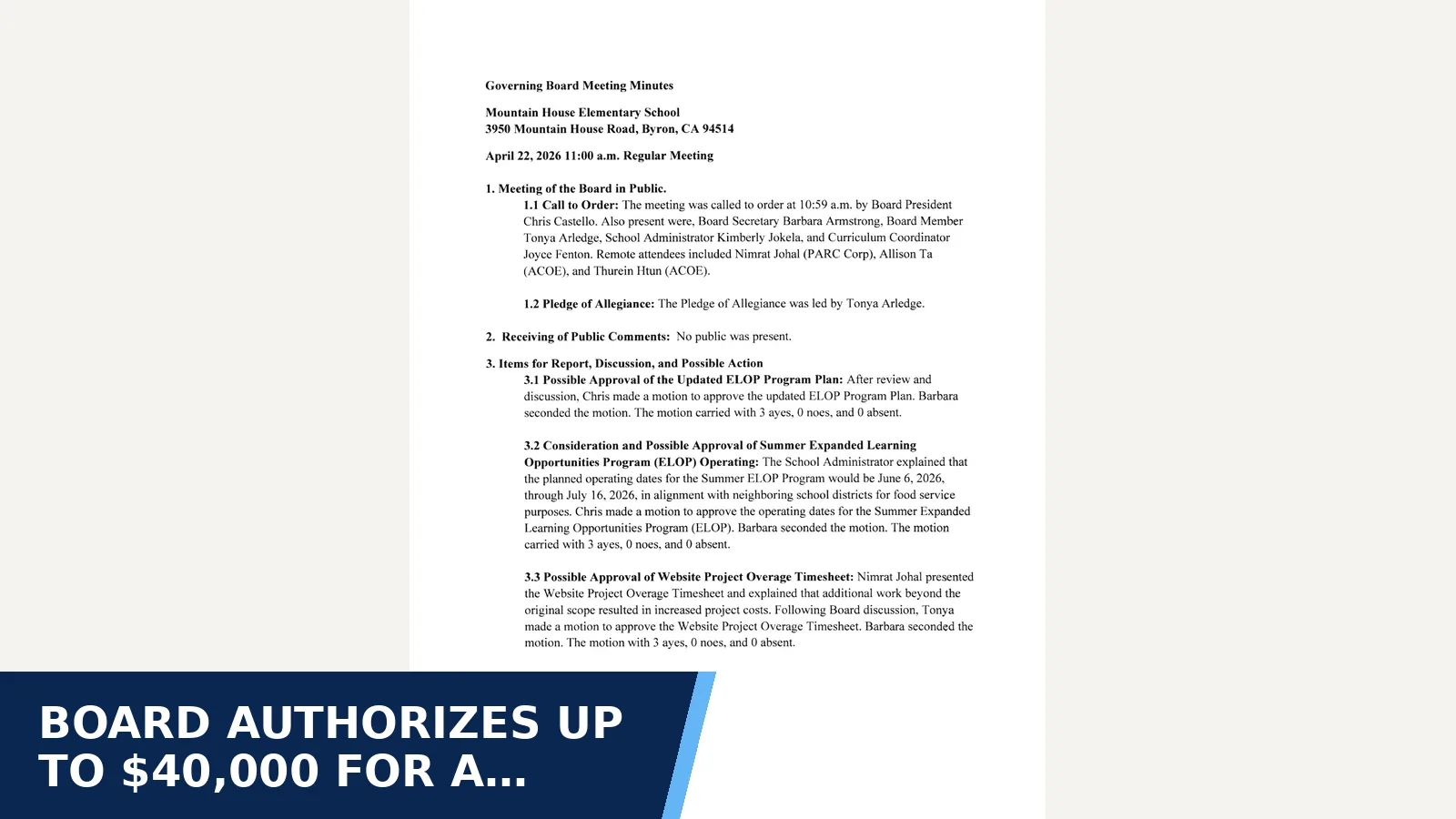 Excerpt from Meeting Minutes April 22, 2026 Signed.pdf for Board authorizes up to $40,000 for a school generator
