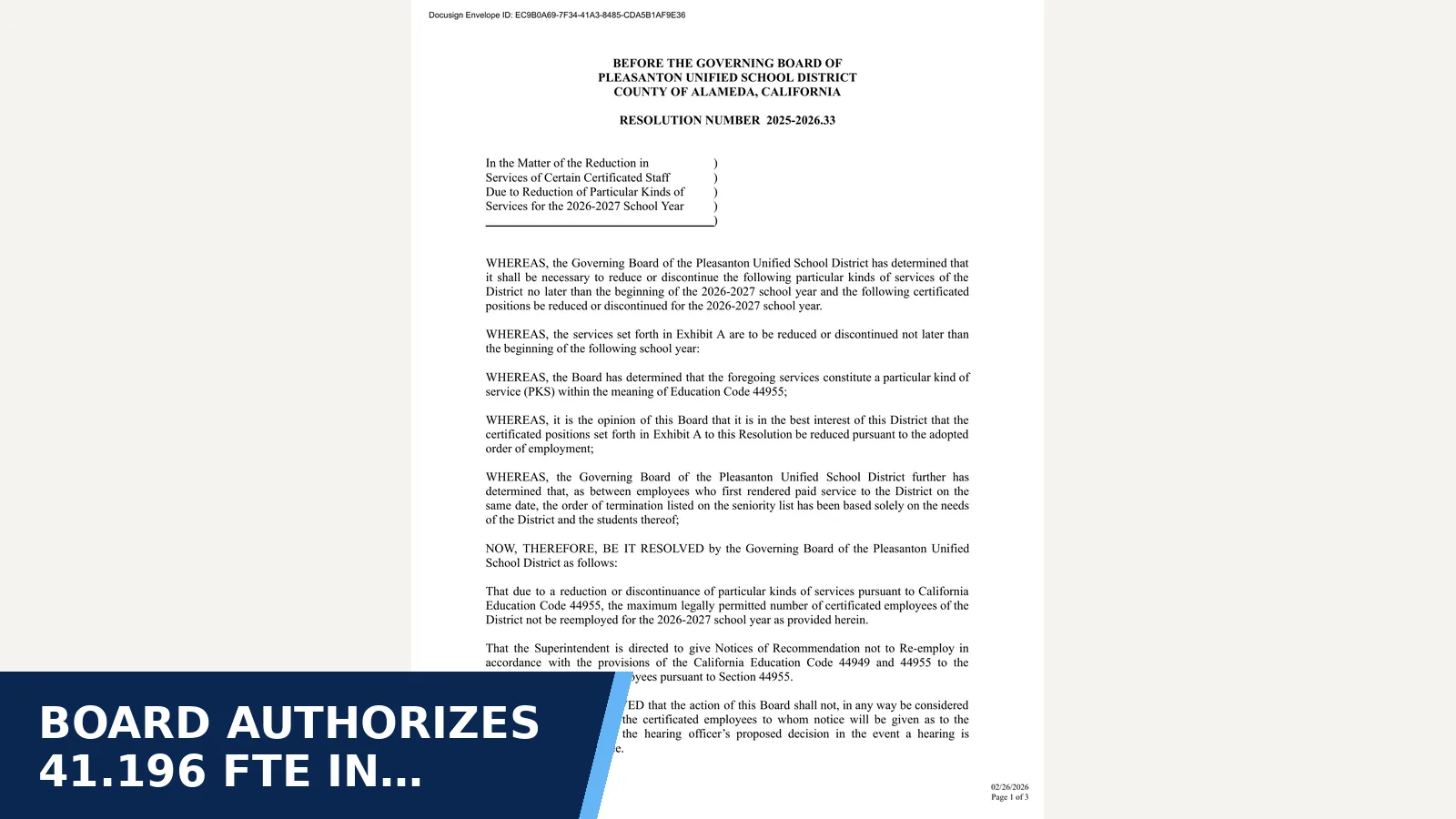 Excerpt from FEBRUARY 26 special board meeting — certificated for Board authorizes 41.196 FTE in certificated…