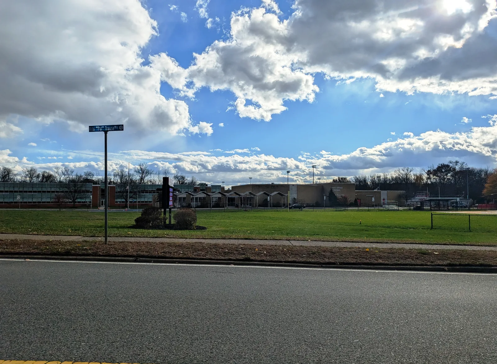 Photo of the Westwood Regional High School in Washington Township, Bergen County, New Jersey. Photo taken from County Route 110 (Ridgewood Road) looking south-southeast.