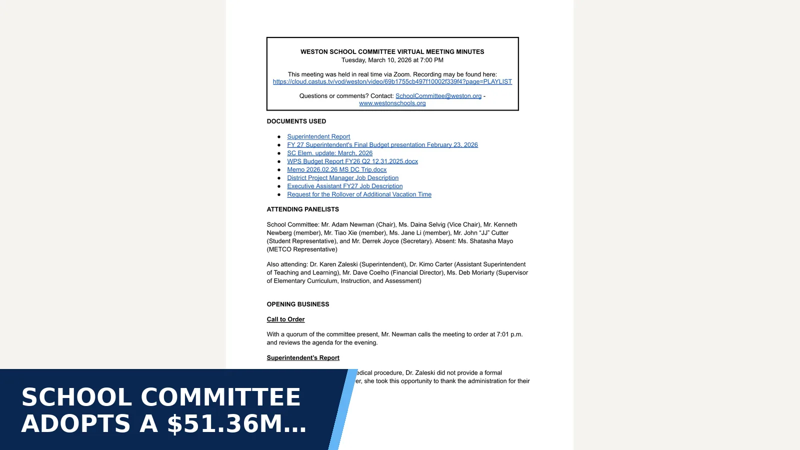 Excerpt from Weston School Committee Minutes — 2026-03-10 for School Committee adopts a $51.36M FY27 budget