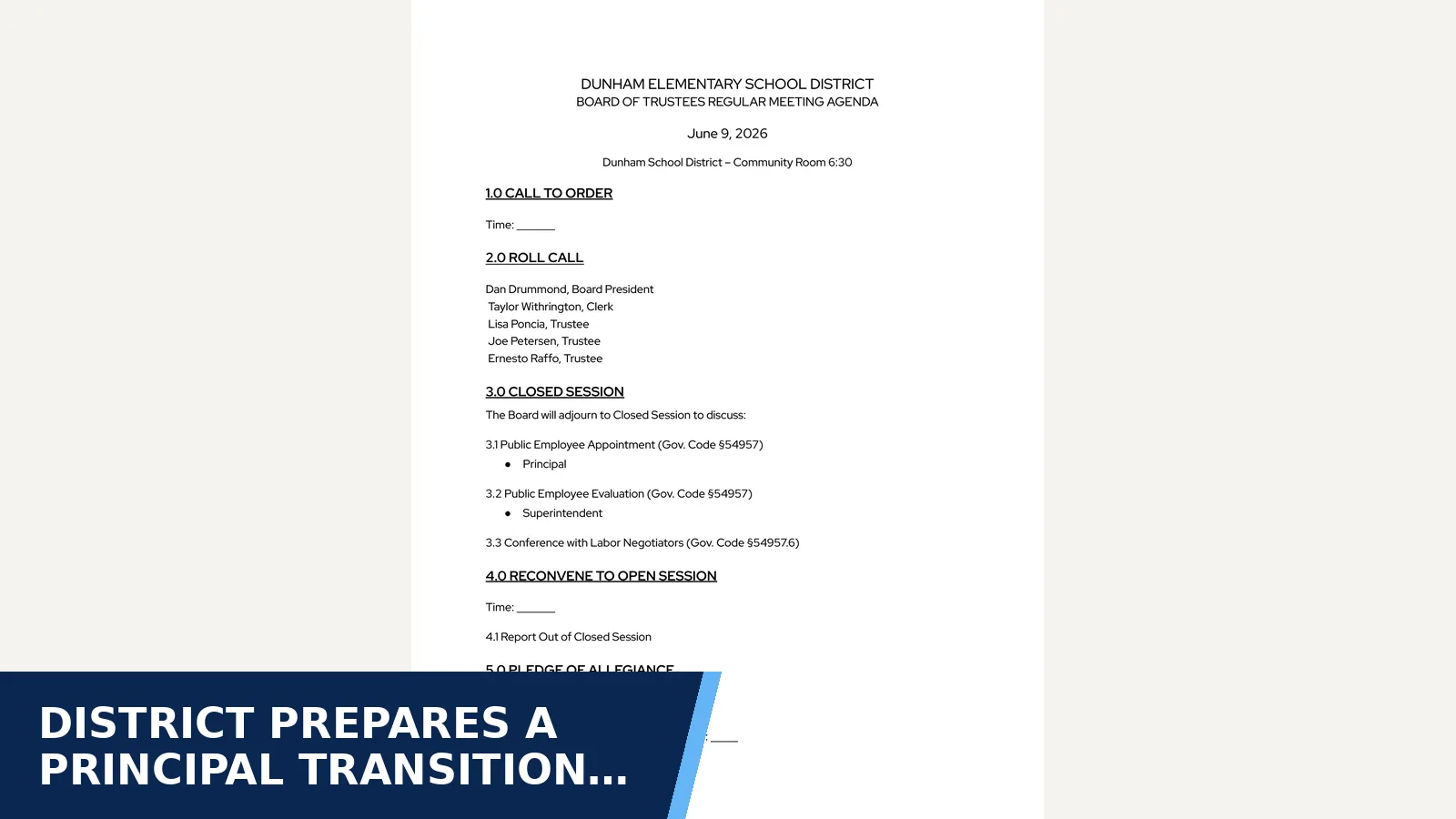 Excerpt from 2026-06-09 Dunham board agenda and packet for District prepares a principal transition involving…