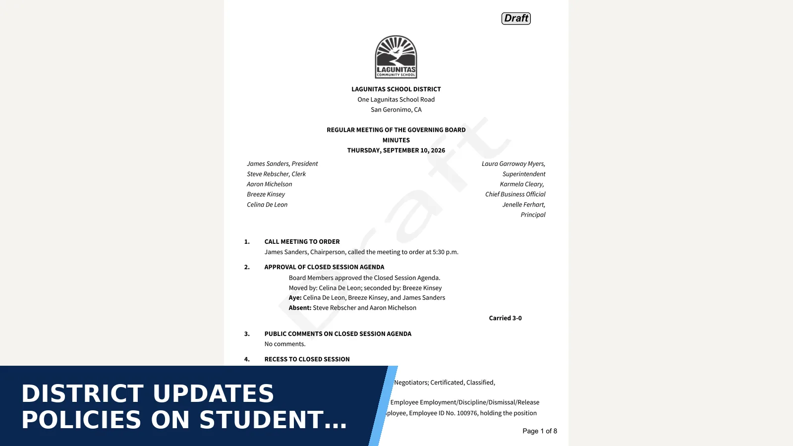 Excerpt from Regular Meeting Minutes for District updates policies on student and family…