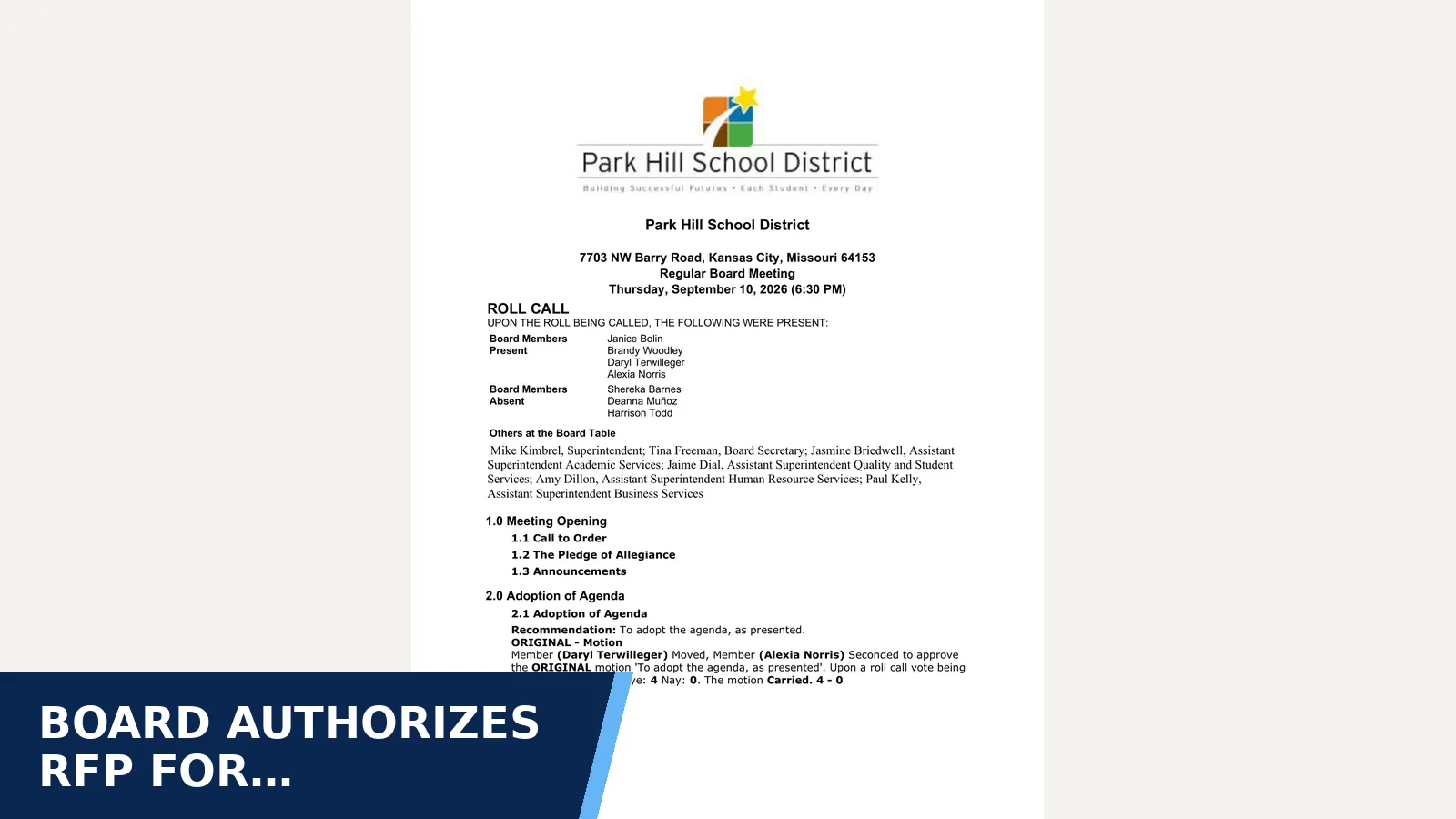 Excerpt from Park Hill Board of Education Regular Meeting for Board authorizes RFP for superintendent search support