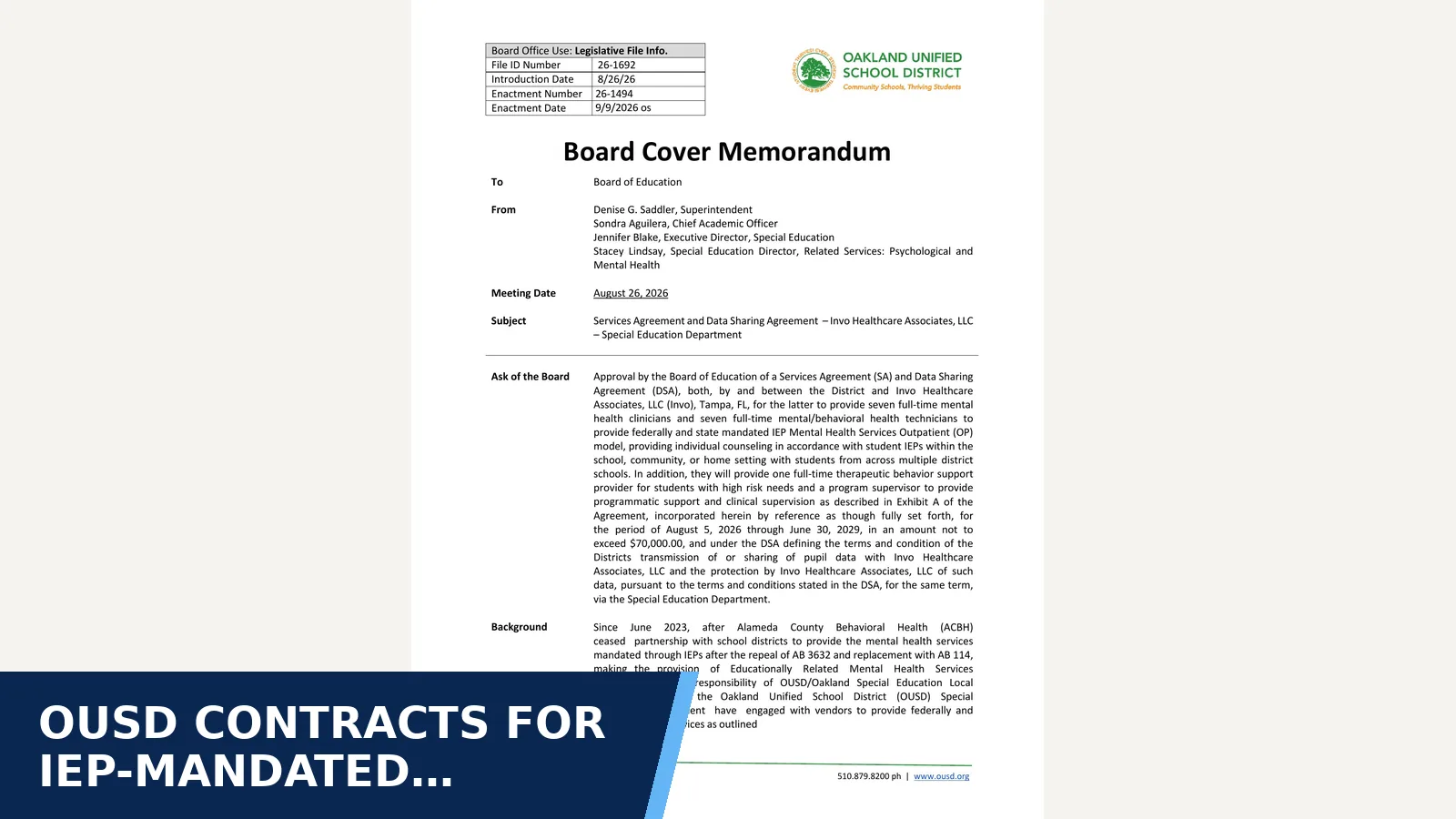 Excerpt from Board of Education - 9/9/2026 - 4:00 PM — linked agenda PDF 121096 for OUSD contracts for IEP-mandated mental-health…
