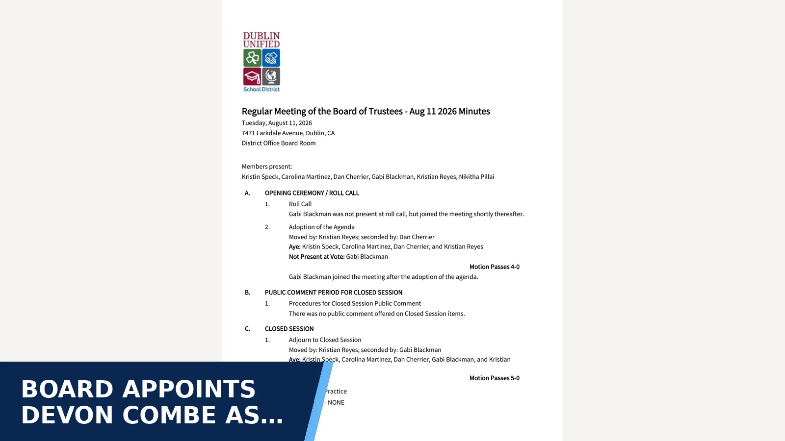 Excerpt from Aug 11 2026 Regular Meeting of the Board of Trustees minutes for Board appoints Devon Combe as elementary assistant…