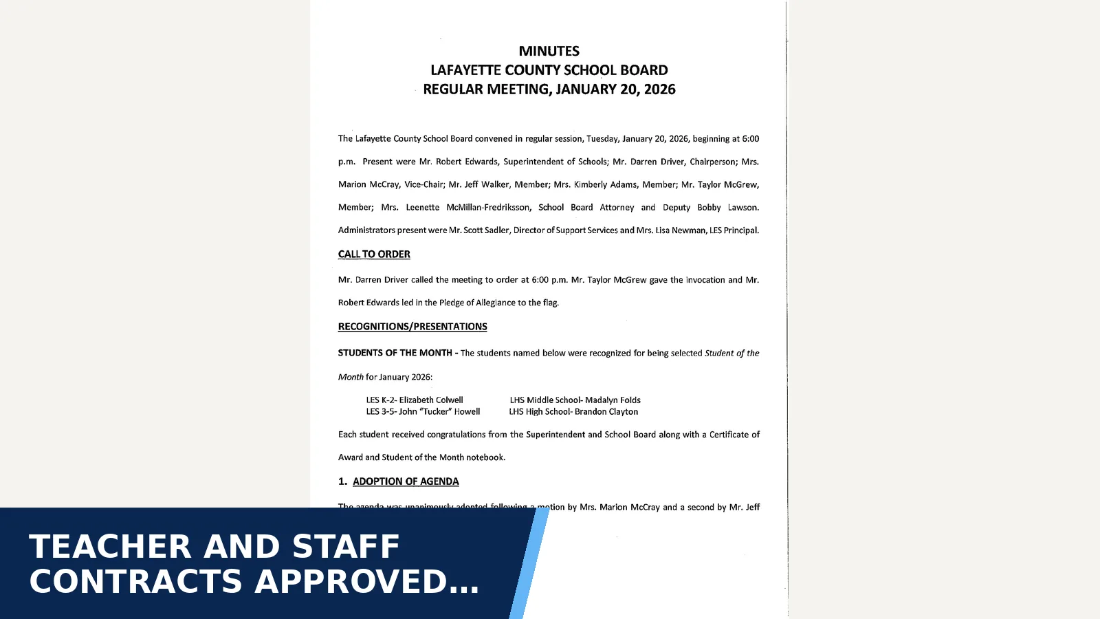 Excerpt from Lafayette County School Board - Regular Meeting January 20, 2026 for Teacher and staff contracts approved months late