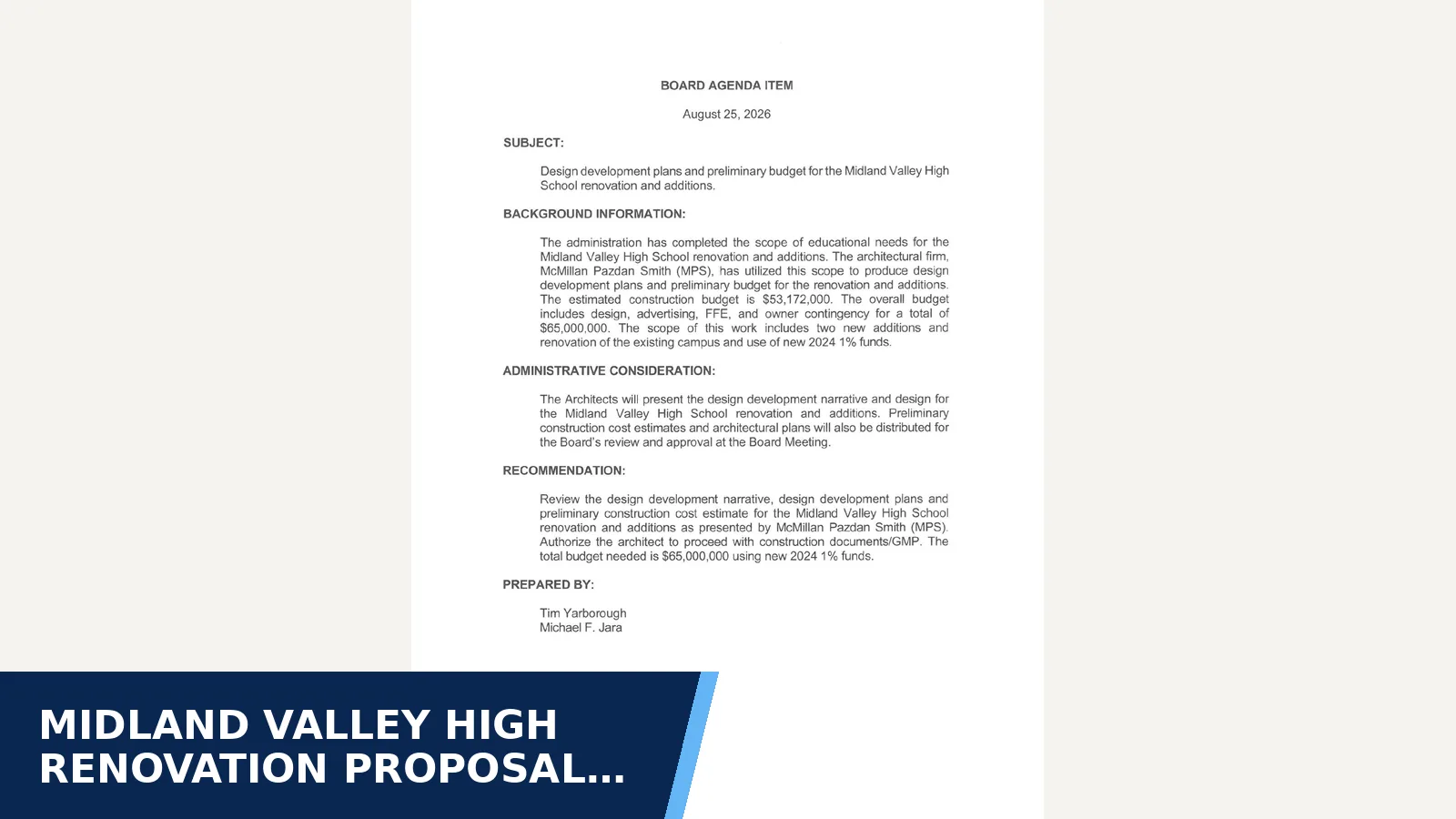Excerpt from B-4 Design development plans and preliminary budget for the Midland Valley High School renovation and additions.pdf for Midland Valley High renovation proposal totals $65…